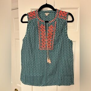 J. Crew Teal Geometric Embroidered Tassel Tunic